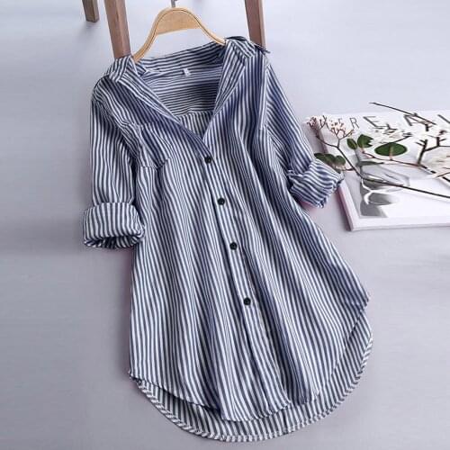 Fashion Stripe Print Shirt Women 2021 Autumn Long Sleeve Turn-Down Collar Top Button Loose Casual Shirts Blouses Chemise Femme