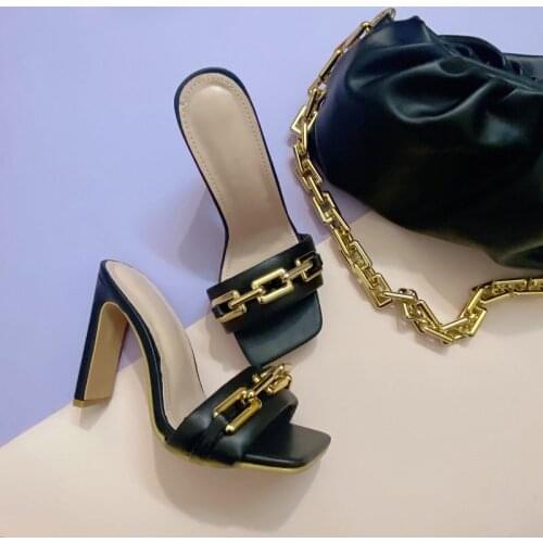 2021 Summer Women Chain Slippers Sandals Stretch Fabric Weave Vintage Square Toe Mules Shoes Sexy High Heels Runway Party Pumps