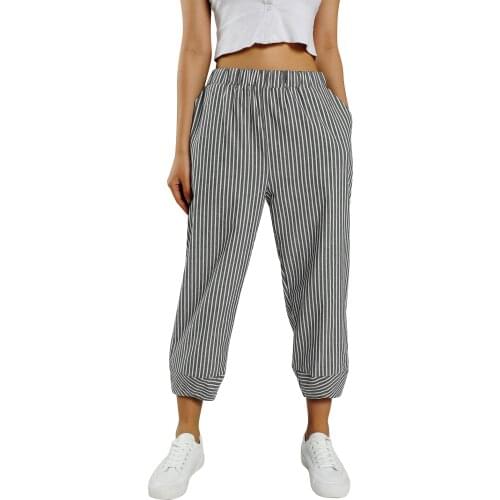 Women Spring Casual Pants, Stripes Middle Waist Ankle-Length Loose Trousers for Girls, Gray/Blue
