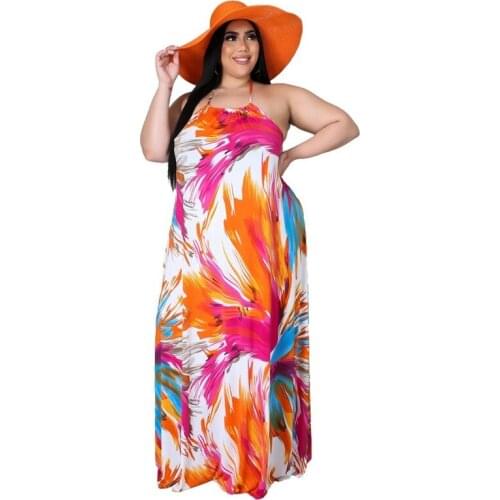 2021 Summer Fashion Style Womens Sleeveless Regular Plus Size Long Dress Womens Printed Loose Halter Lace-up Halter Dress New