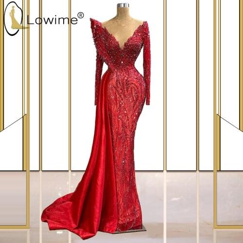 Red Beads Mermaid Evening Dresses 2021 Mulsim Long Sleeve Illusion O Neck Saudi Arabia Prom Party Gowns Formal Dresses for Women