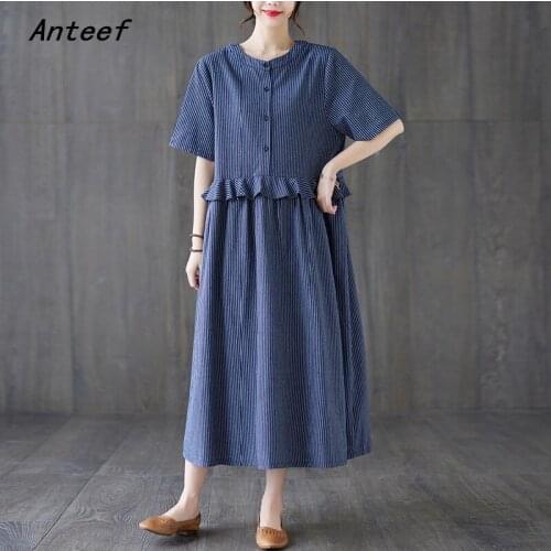 Short sleeve cotton vintage stripe dresses for women casual loose long woman summer dress elegant clothes 2021