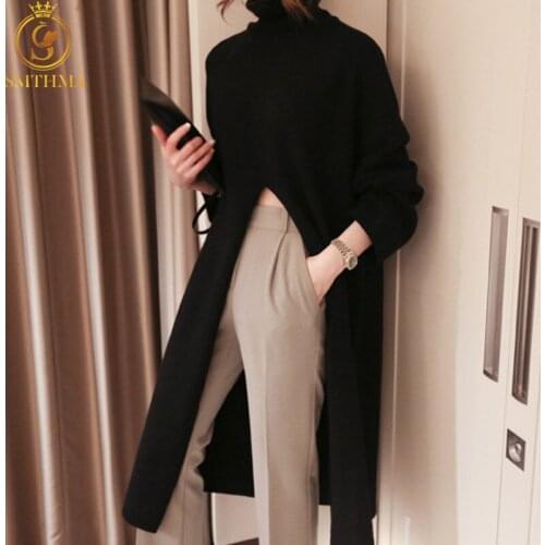 SMTHMA Women Winter Warm Sweater Dress Knitted Long Loose Maxi Oversize Lady Turtleneck Bodycon Robe Vestidos
