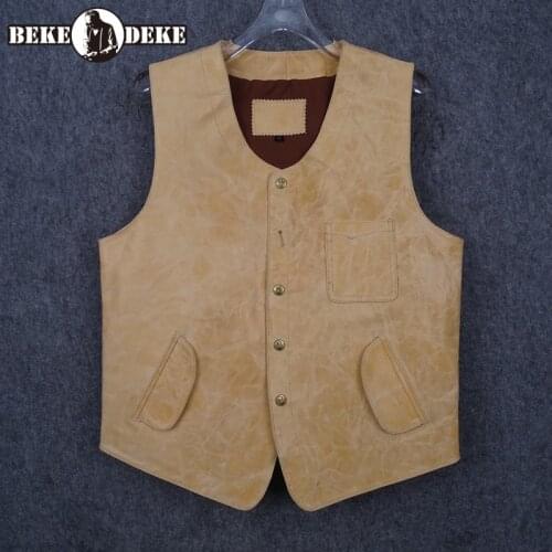Men Vintage Genuine Leather Vest Brand Single Breasted Cargo Sleeveless Jacket Autumn Winter Office Casual Straight Waistcoat