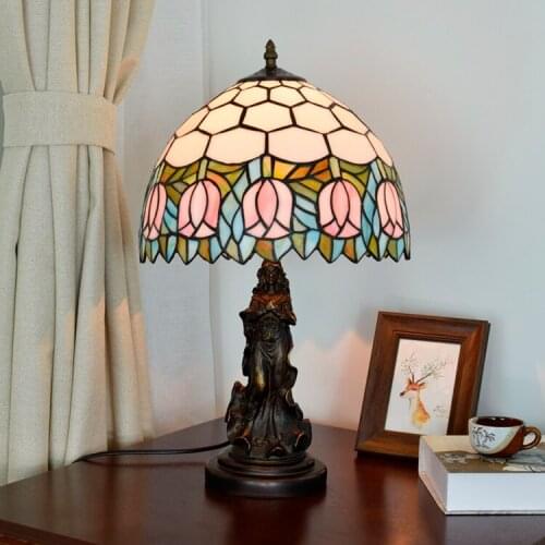 12 inch Pink tulip creative angel desk lamp Tiffany Stained Glass Retro bar restaurant children bedroom bedside table lamp