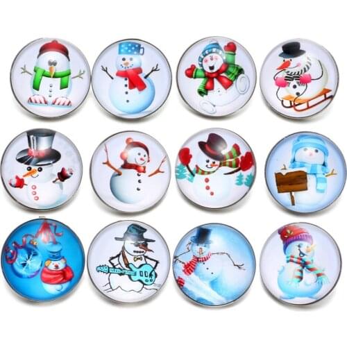 12pcs/Lot Cute Snowman Pattern Glass Charm 18mm Snap Button Jewelry For 18mm Snaps Bracelet Snap Jewelry KZ0525
