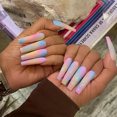 24pcs Rainbow Fake Nail Art Detachable Long Ballerina False Nails with Design Wearable Fake Nails Full Cover Nail Tips