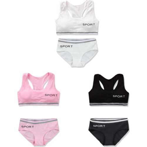 3Sets/lot Girls Underwear Soft Padded Cotton Letter Print Bra Set Yoga Sports Running 8-14T