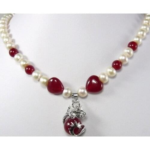 Free shipping fancy design Beautiful white pearl red jades & fancy pendant Necklace