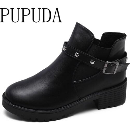 PUPUDA Chelsea Boots Women Black Ankle Boots For Women Winter Platform Boots Women Casual Leather Shoes Thick Heel