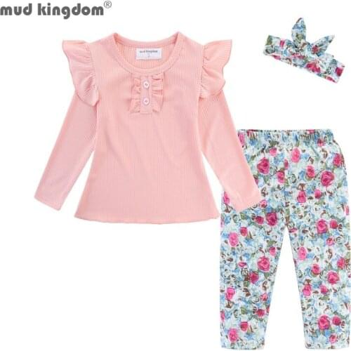 Mudkingdom Rib Girls Outfit with Headband Ruffle Floral Girl Spring Pants Set for Toddler Girl Clothes Children Pant Suit