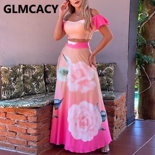 Floral Printed Two Piece Elegant Dress Suits Off Shoulder Crop Top & High Waist Maxi Skirt Set