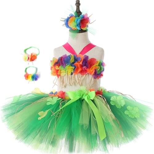 Hawaii Hula Flowers Girls Tutu Skirt Set Fluffy Children Kids Carnival Birthday Party Skirt Outfits Girls Performance Costumes