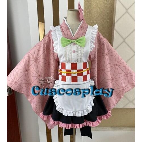 Demon Slayer Kamado Nezuko Kimono Maid Uniforms Cosplay Costume Apron Dress Halloween Carnival Costumes for Women Custom Made