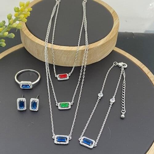 Lanyika Fashion Jewelry Set Square Zirconia Micro Pave Necklace with Earrings, Bracelet and Ring for Woman Wedding Party Gifts