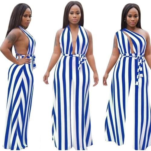Stripe Backless Summer sexy jumpsuit rompers womens bodysuit Sleeveless jumpsuits for women clothes Deep V-neck club outfits