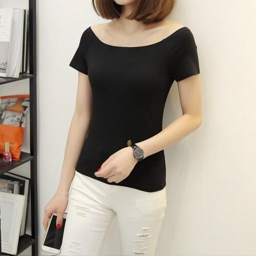 Summer Slim Fit Short Sleeve Womens Off Shoulder Top Girls Boat Neck Black T-shirt Cotton Sexy Tshirt Women Oversized T Shirt XL