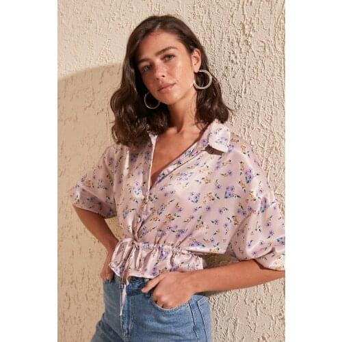 Summer 2021 Women Short New Fashion Trendy Powder Flower Patterned Style Satin Woven Fabrics Blouse