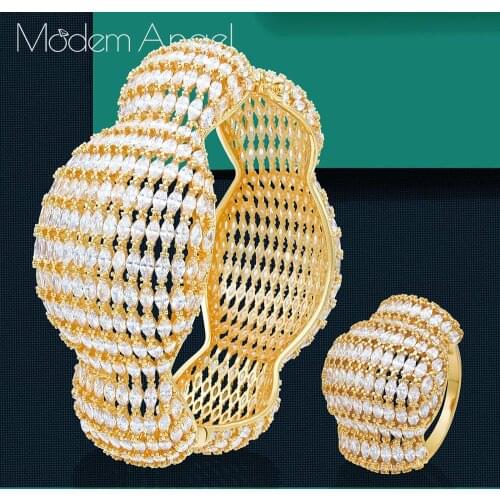 ModemAngel Fashion Luxury Super Boom Flowers AAA Cubic Zirconia Women Party Engagement Width Bracelet Bangle And Ring Set