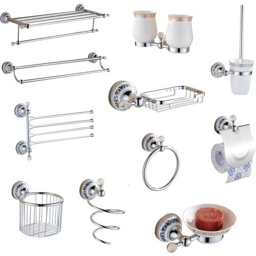 European Silver Crystal Bathroom Hardware Set Chrome Finish Ceramic Plate Antique Bathroom Accessories Hanging Suit AX09