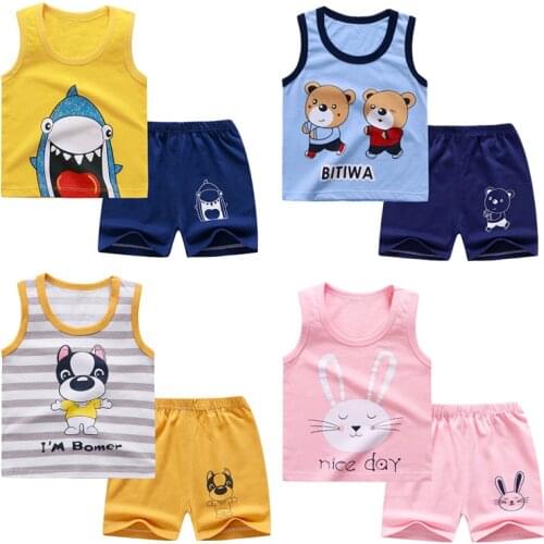 2020 New Summer Chuldren Suit Cartoon Sleeveless Vest + Shorts Set Baby Boys Girls Cotton Clothes Korean Fashion Outfit Set
