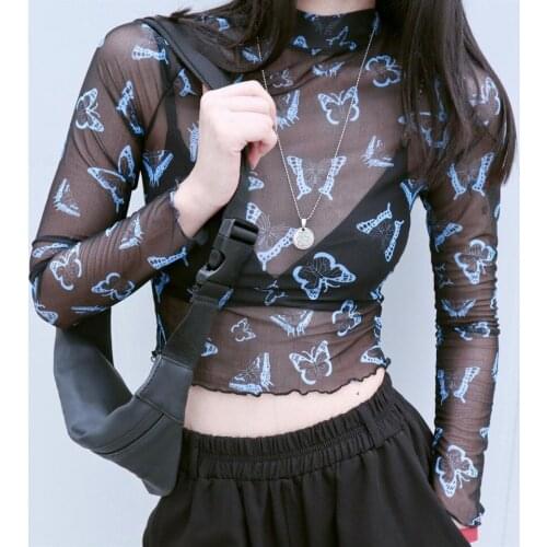 2021 Summer New Women 's Sunscreen Inner Wear Chiffon Shirt Thin Bottoming Shirt Butterfly Perspective Mesh Half-high Tops