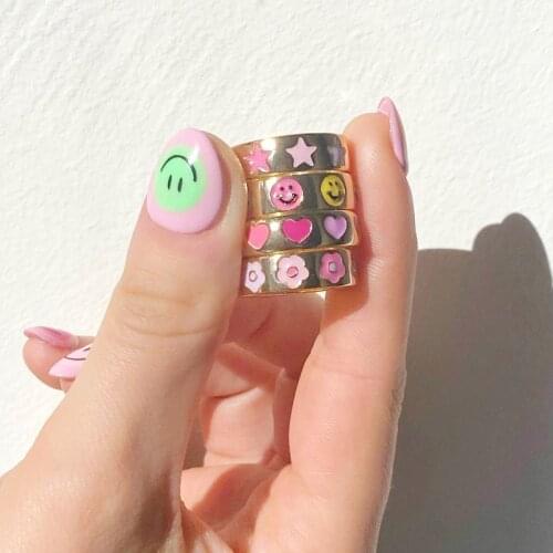 New Gold Color Flower Smile Rings Colorful Enamel Heart Surrounded Stacking Ring for Women Minimalist for Women Mens Jewelry