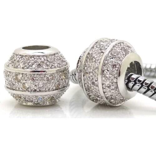 New Jewelry Silver Color Dot Striped Bead with Pave set Clear Cubic Zirconia European Beads Fit For Pandora Bracelets & Bangles