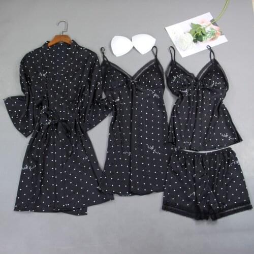 Pyjama Gown Set Women Sleep Suit 4PCS Nightshirts V-Neck Pajamas Silky Sleepwear Spring Nighty Robe Wear Home Negligee Homewear