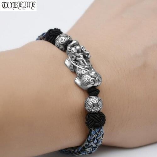 Handmade 999 Silver Pixiu Bracelet Braided Fengshui Wealth Pixiu Beaded Bracelet Good Luck Bracelets for Lovers