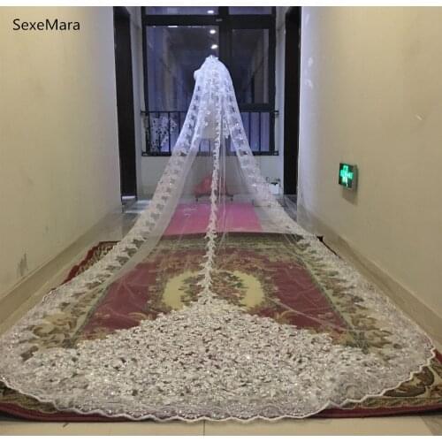 Bling Bling Sequins Beads Cathedral Bridal Veils Appliques Lace Edge Crystals 1T With Comb Attached Custom Made Long 5 M Wedding