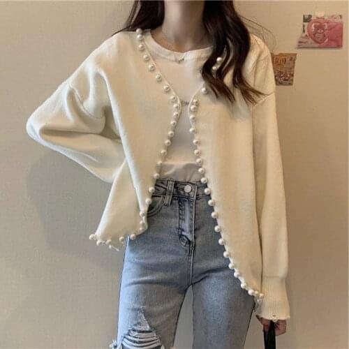 Korean version of the sweater fashion trend pearl loose sweater ladies new autumn and winter long-sleeved solid color cardigan