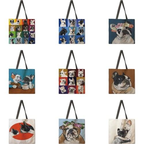 Outdoor Beach Bag French Bulldog Linen Tote Bag Womens Casual Portable Ladies Shoulder Bag Foldable Shopping Bag