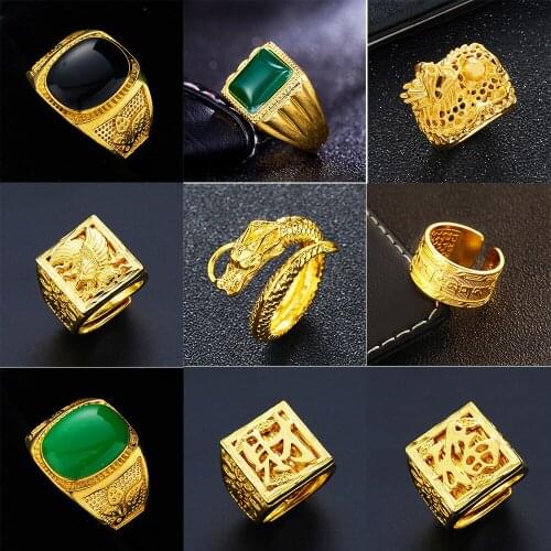 Vintage Wedding Mens Ring Luxury Charm 24K Gold Color Dragon Hollow Chinese Word Carving Finger Rings for Women Party Jewelry