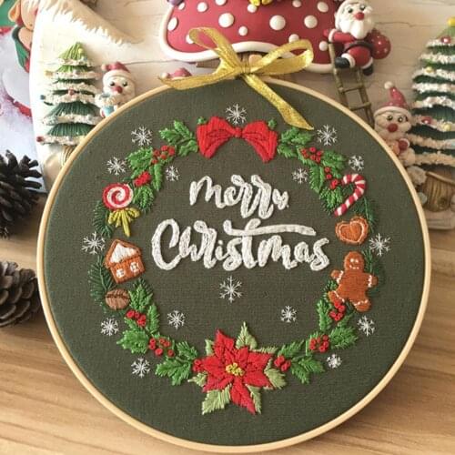 Xmas DIY Embroidery Flower Handwork Needlework for Beginner Cross Stitch Kit Ribbon Painting Embroidery Hoop Home Decoration