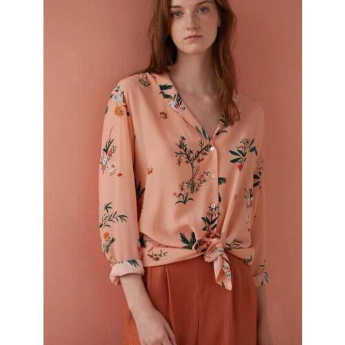 Women Shirt Coconut Print Shirt Grapefruit Powder Coconut Flower Bird Long Sleeve Shirt