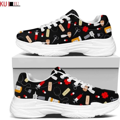 KUILIU New Cartoon Medical Icons Nurse Womens Sneakers Platform Shoes Female Thick Sole Running Casual Breathable Mesh Shoes