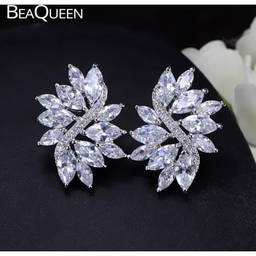 BeaQueen Top Quality CZ Crystal Wedding Bridal Trendy Women Jewelry Big Size Marquise AAA+ Cubic Zirconia Stud Earrings E034