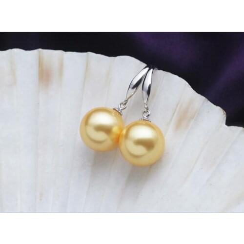10mm 12mm 14mm 16mm women Jewelry Earring bright gold color round bead natural South Sea shell pearl dangle hook Earring