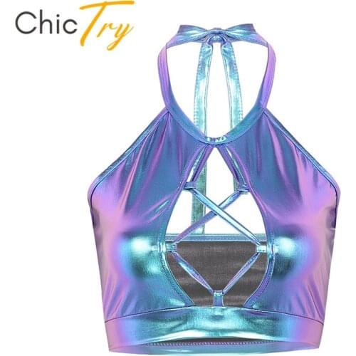 Women Sexy Crop Top Wetlook Metallic Halter Front Hollow Backless Club Party Performance Pole Dance Tops Festival Rave Costume
