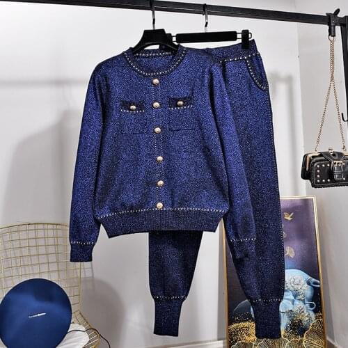 2 Piece Set Women Autumn New Fashion Long Sleeve Tracksuit Knitted Bright Silk Sweater + Little Feet Pants Women Sets Tops H598