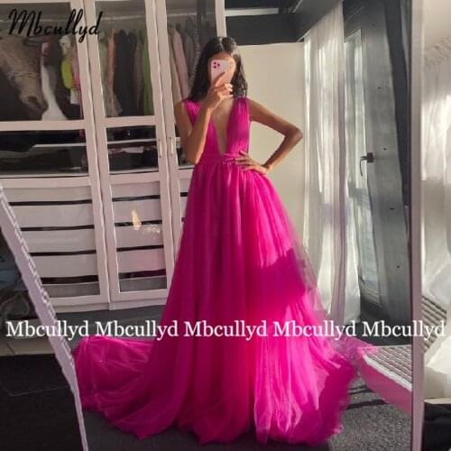 New 2021 Fuchsia Pleated Tulle Evening Dress Long A Line V Neck Court Train Evening Gowns Dresses for Women Party