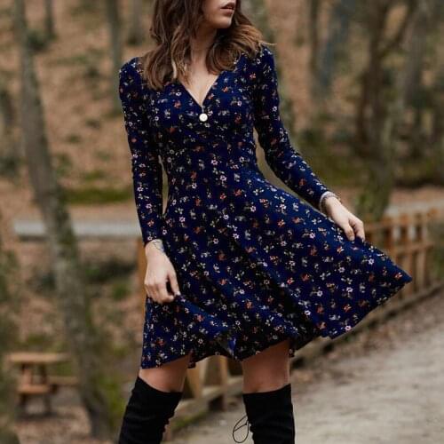 Flowers Print Boho Dress Summer 2021 Long Sleeve V Neck Elegant Vintage Floral Printed Casual A-line Swing Dresses Fashion Robe