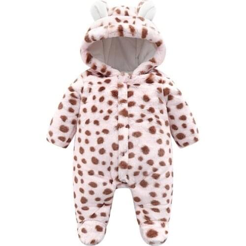 1-24M Baby Jumpsuit Newborn Pink Leopard Print Hooded Thicken Romper Girls Warm Plush Romper Korean Fashion Winter Clothes