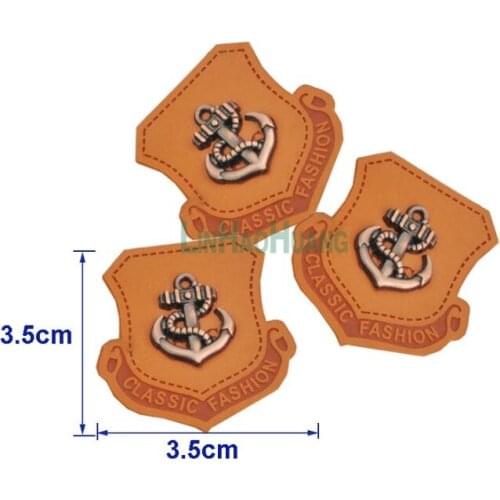 20pcs/lot 3.5cm Brown PU leather sew on Badges with antique copper brush metal plates clothing label for jeans/jacket