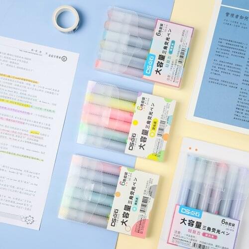 6pcs Triangle Shape Multi Color Jumbo Highlighter Pens Set Retro Morandi Mild Fluorescent Marker Liner Drawing Supplies A6237