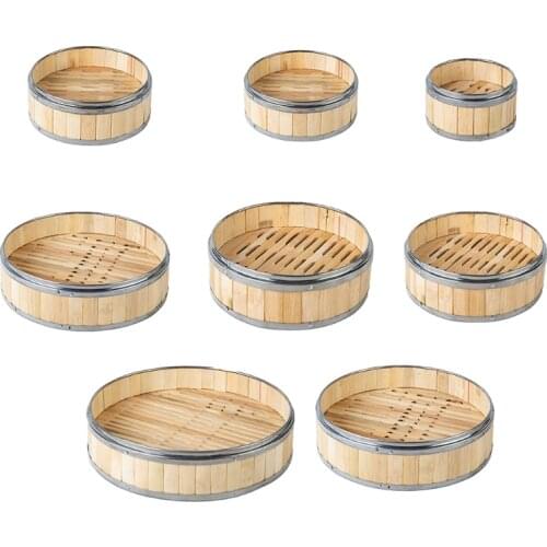 Bamboo Food Steamer with Stainless Steel Banding No Lid Bun Steaming Basket Dumplings Dim Sum Cage Cooker Kitchen Gadget