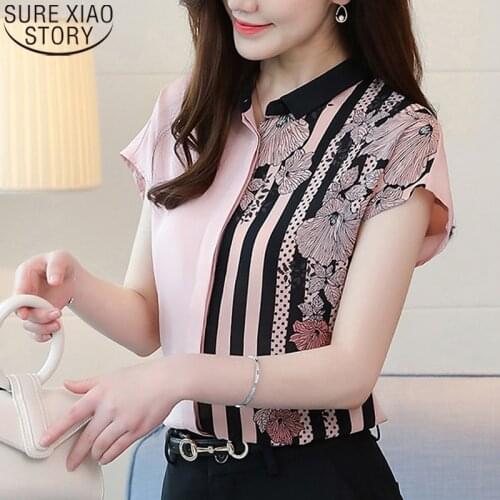 Floral Print Short Sleeve Blouses Blusas Mujer De Moda 2021 Summer Chiffon Shirts Women Fashion Contrast Color Cardigan 9205 50