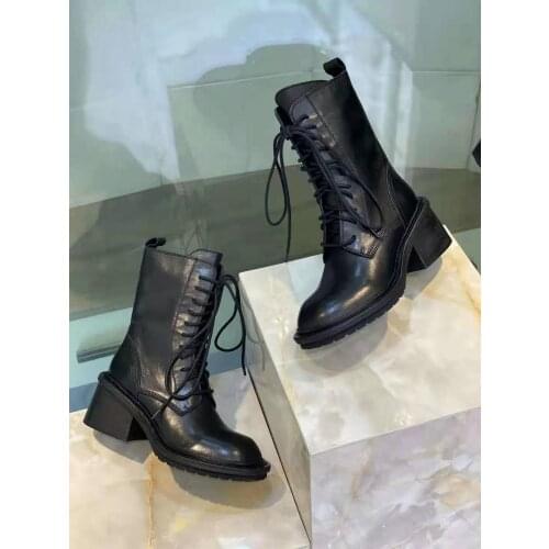 Womens Shoes Black Genuine Leather Chunky Heel Combat Boots Lace-up Calf Leather Belgian Fashion Designer 60mm Ankle Boots