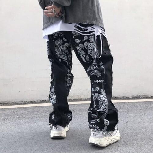 High street cashew flower jeans mens straight BF loose drop stitching national trend hip hop